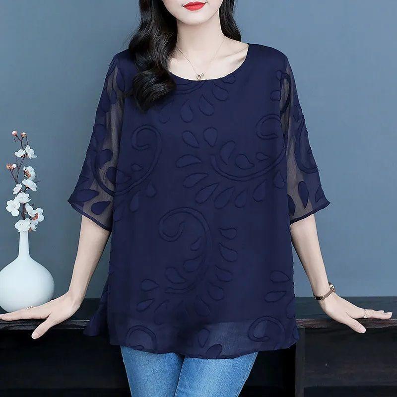 Bluză Largă Vară Casual Mânecă Scurtă Elegantă Patchwork Gât Rotund Navetă Cămașă Midi