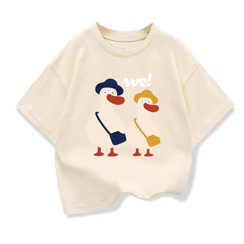Two Ducks Original Design Summer Children Clothing Kids Short Sleeve T Shirts Boys Girls Casual Loose Tee Pure Cotton Tops