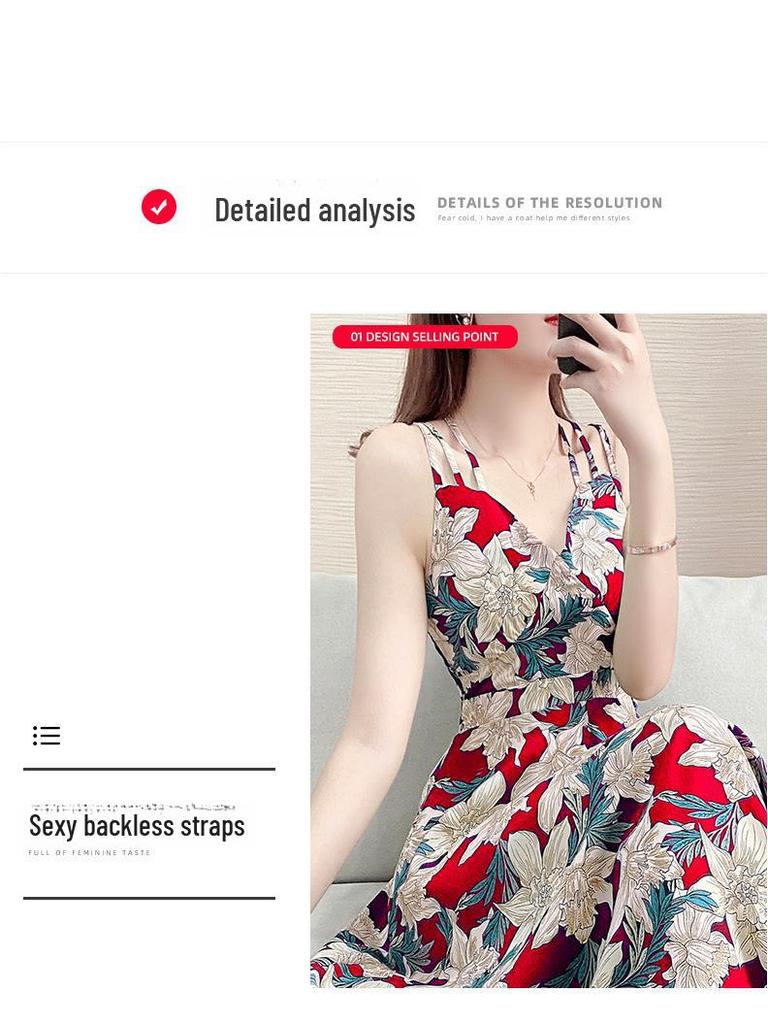 Elegantní květinové šaty na ramínka - Dámský štíhlý letní plážový dovolenkový outfit 2023