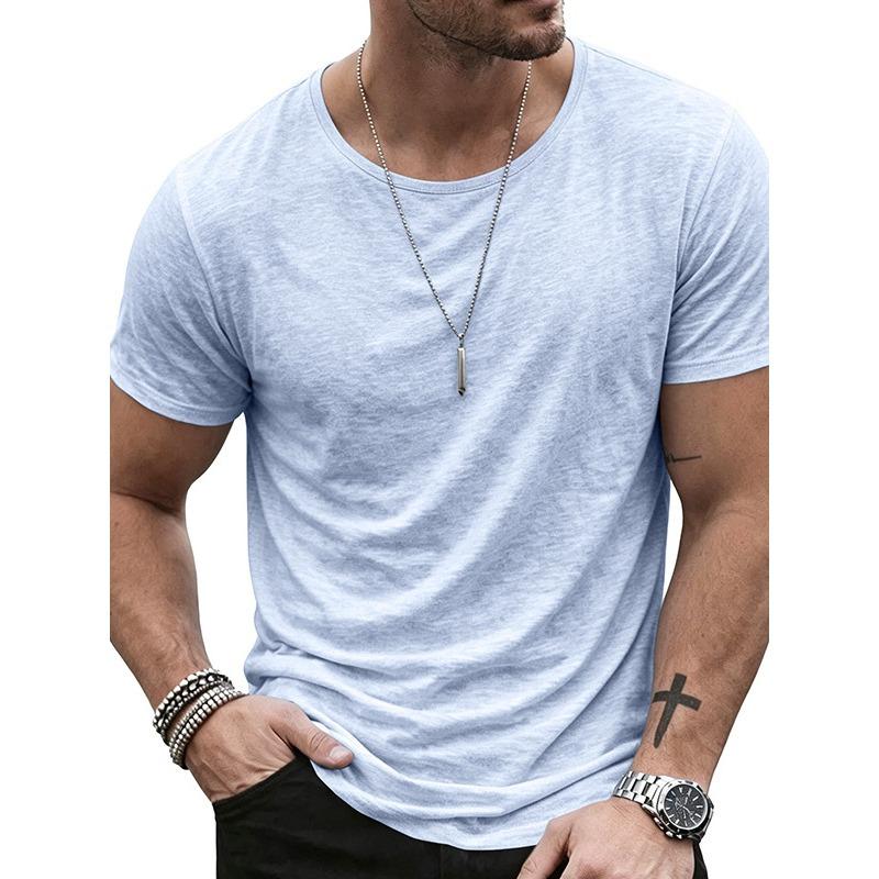 Men Big Crew Neck Solid Washed Slub Short Sleeve Slim Fit Basic T-shirt S синий