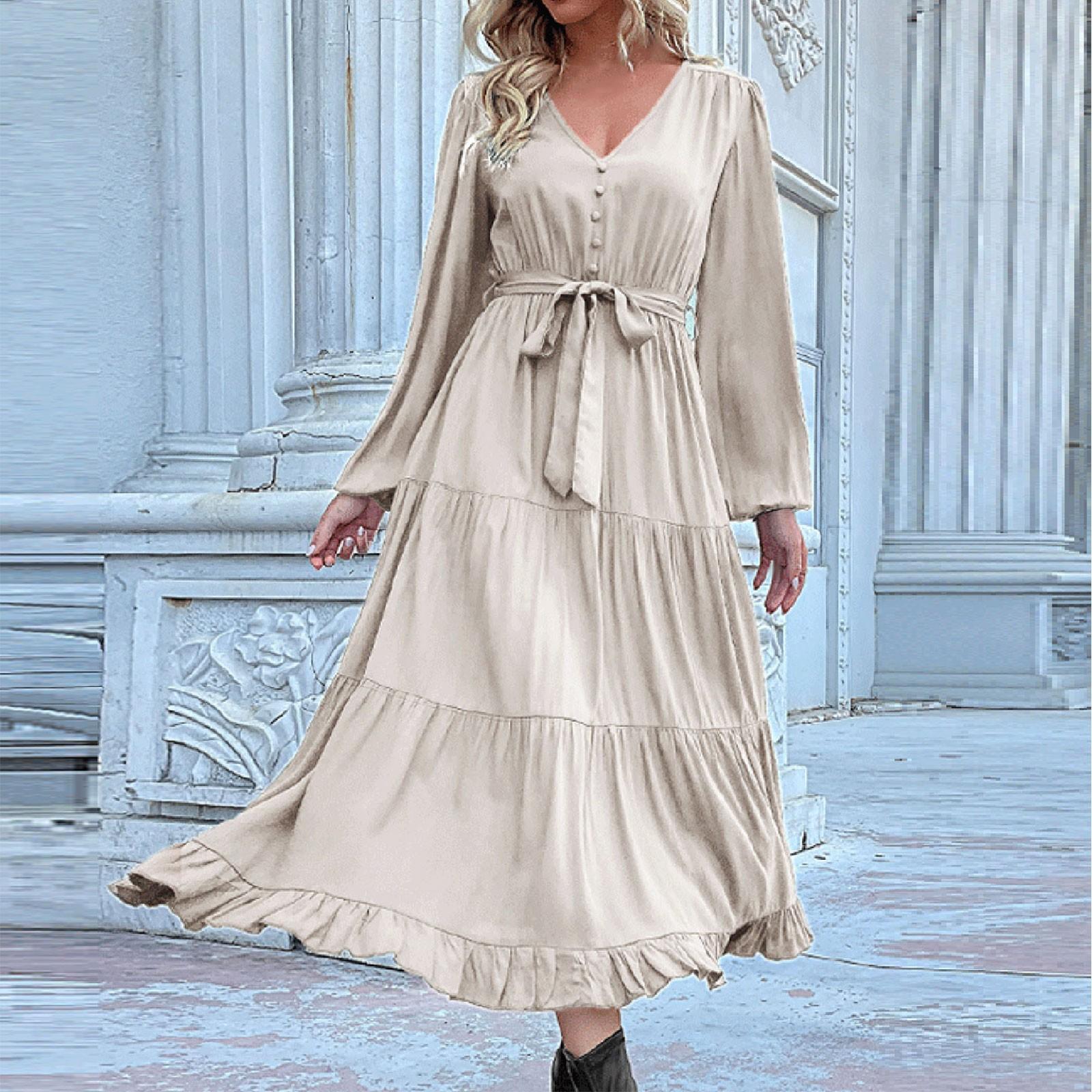 

Женское однотонное платье с V-образным вырезом на талии, с длинным рукавом и плиссированной панелью M хаки