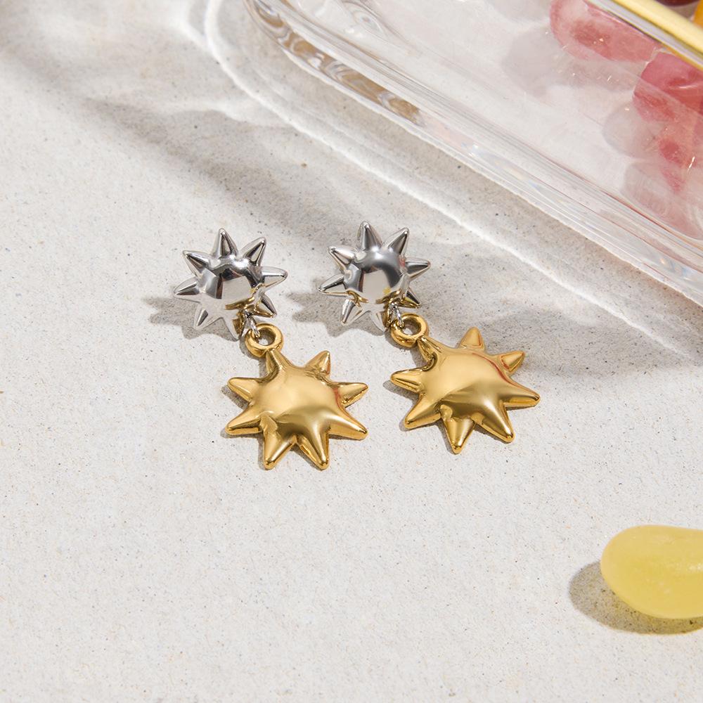 Design sense Classic style 18K gold, gold and silver color matching, upper steel and lower gold sun pendant earrings earrings