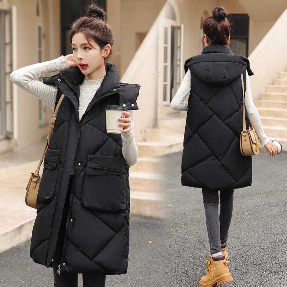 Winter new medium and long large pocket vest thickened hooded vest jacket cotton vest women's trend