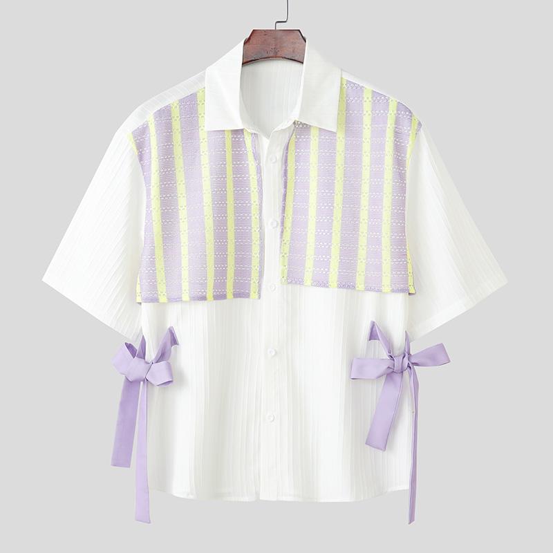 INCERUN Oversized Men Lapel Short Sleeve Crochet Patchwork Bow Casual Loose Shirts Tops