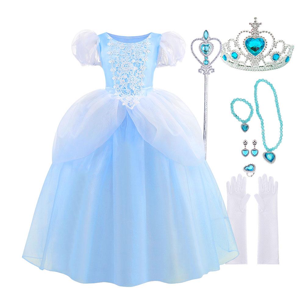 Classic Cendrillon Costume Deluxe Lace Dress Birthday Party Role Play Princess Pretend Fairy Tale Grace Ball Gown for Kids
