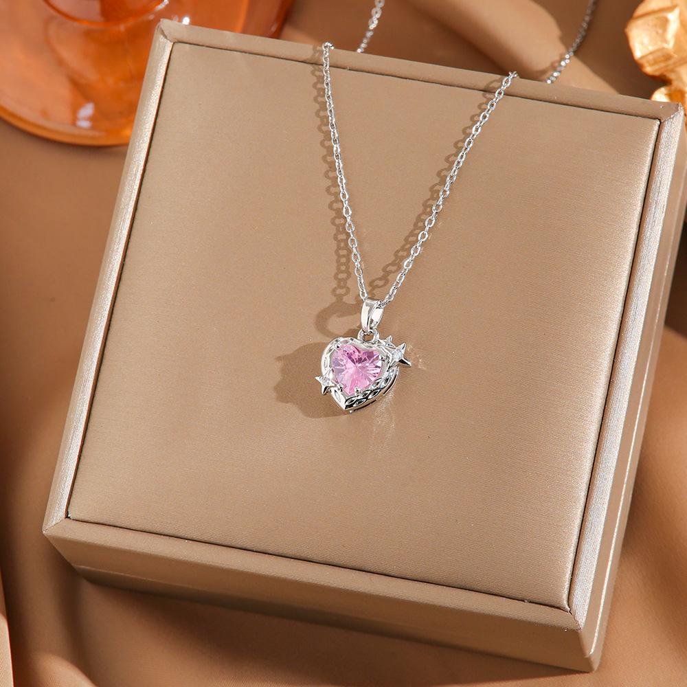 [Micro-Set Pink Zircon Titanium Steel Necklace Sweet Light Luxury Fashion Choker Jewelry]