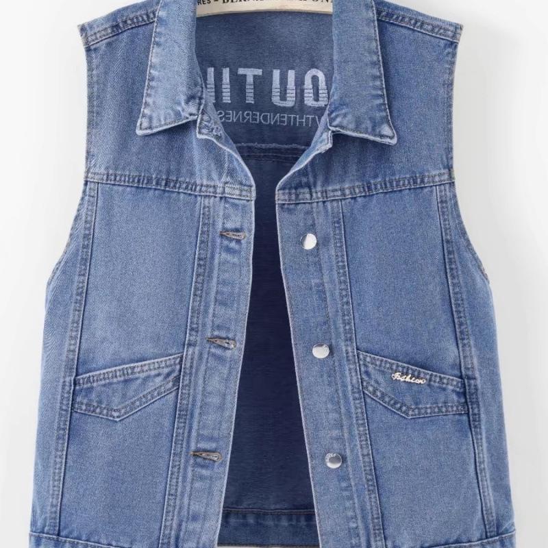Women's Plus Size Embroidered Denim Vest with Big Pockets - Autumn Sleeveless Cardigan