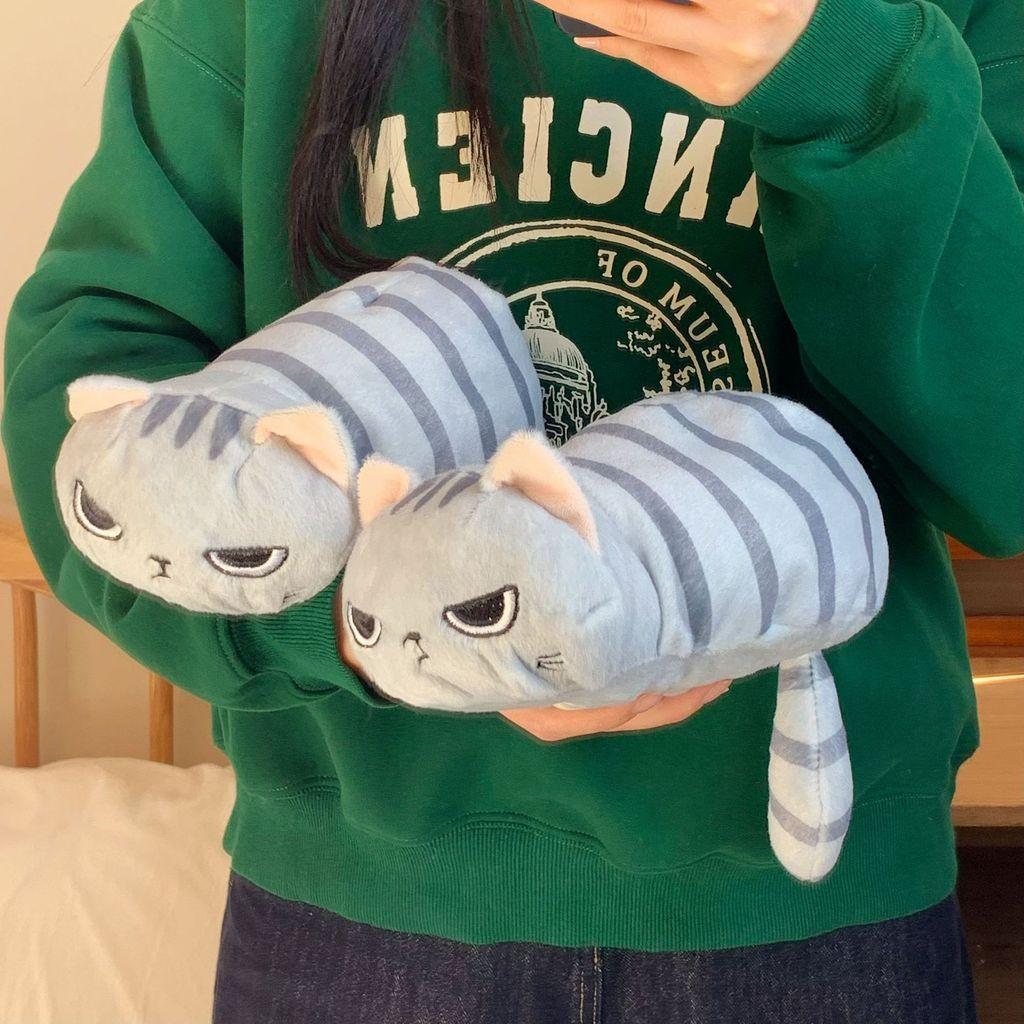 Gray Cat Plush Pen Bag With Stripes For School And College Supplies