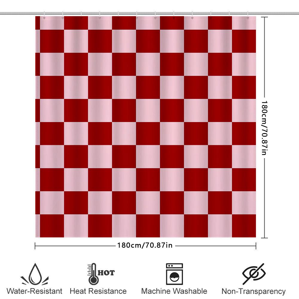 Red White Checkered Shower Curtain Bath Decor for Bathroom Accessories Polyester Fabric with Plastic Rings Hooks (180x240cm)