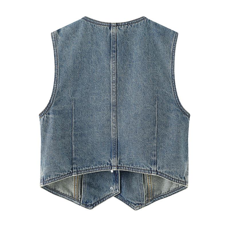 Women's V-Neck Denim Vest - Autumn 2024, Casual Single-Breasted Short Jacket
