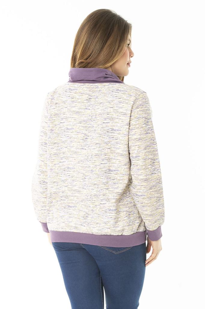 Women's Style Big Size Sweatshirt Large Size Eyelet Lace And Ornamental Button Detailed Kangaroo Pocket High Collar Sweatshirt