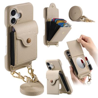 Crossbody Mirror Wallet Card Holder Flip Leather Case for IPhone 16 SE 16 Pro Max 15 14 13 12 11 XS XR 7 8 Plus Protective Cover