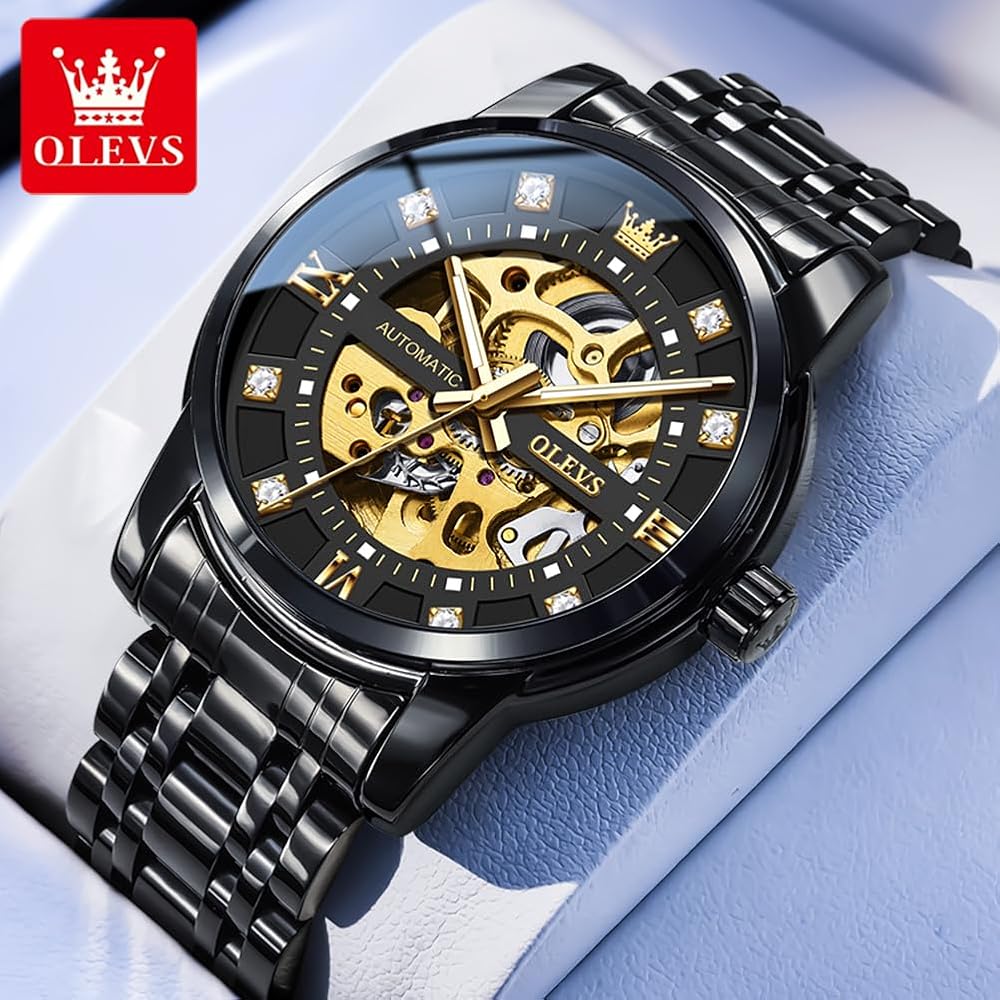 OLEVS G9901 Men's Automatic Mechanical Watch Stainless Steel Bezel Luminous Waterproof Classic Black Band Black Dial