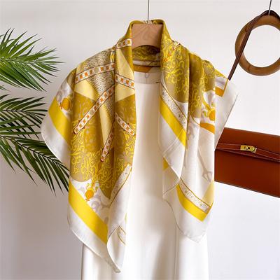 French Elegance And Versatility 90Cm Imitation Silk Large Square Scarf Retro Printed Shawl Herringbone Scarf Headscarf Women