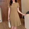 ZANZEA Women Casual Round Neck Solid Color Short Sleeve Pleated Dress