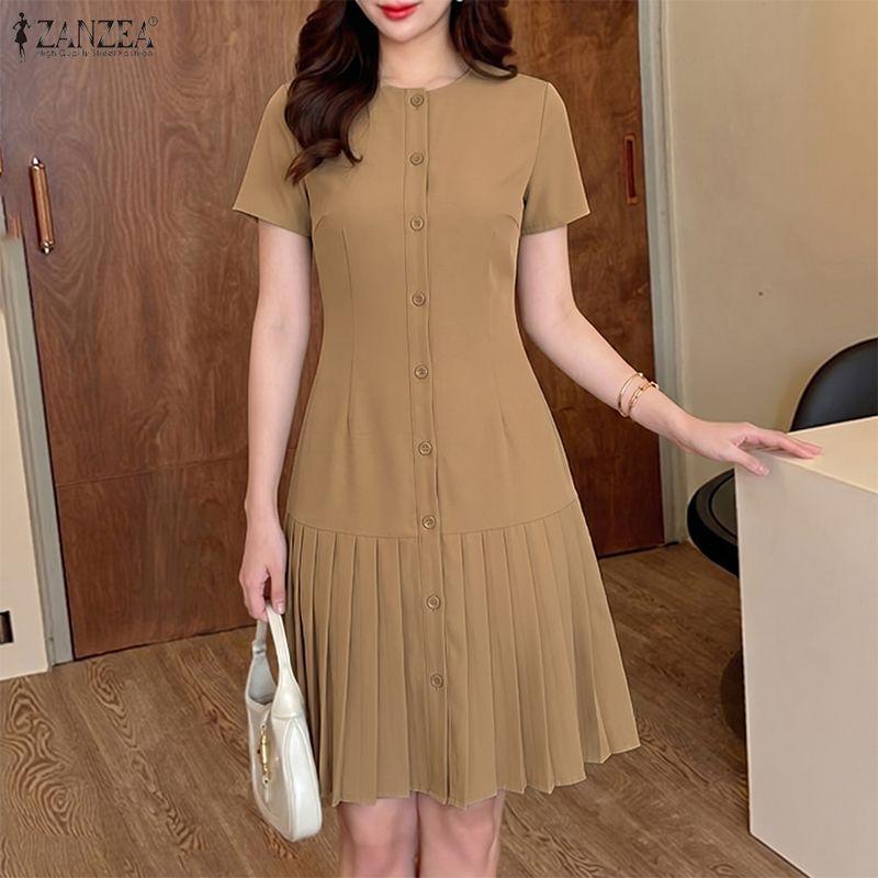 ZANZEA Women Casual Round Neck Solid Color Short Sleeve Pleated Dress