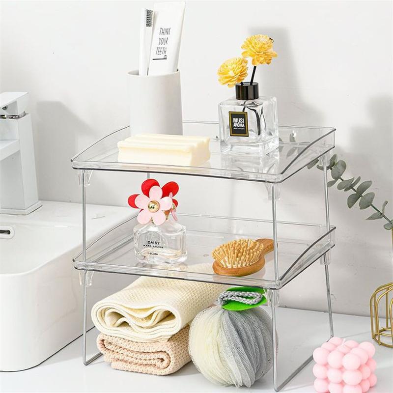Foldable Transparent Double Desktop Acrylic Shelf Cup Rack Kitchen Bathroom Cosmetic Sundry Shelf