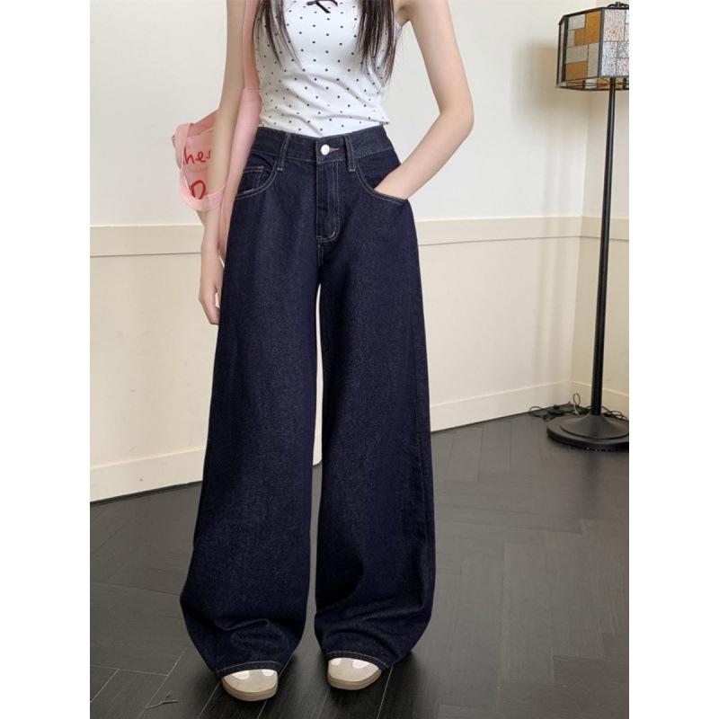Hong Kong Retro Dark Blue High-Waisted Wide-Leg Jeans for Women - Summer Floor-Length Slimming Style