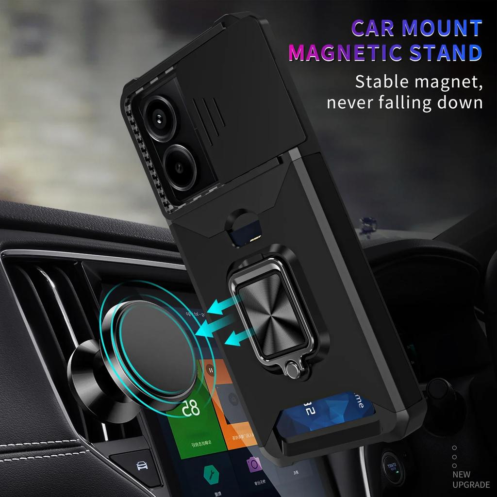 Case for Xiaomi Redmi Note 14 13 12 Pro Plus 13C 14C 4G 5G Slide Camera Card Holder Slot Wallet Protective With Ring Stand Cover