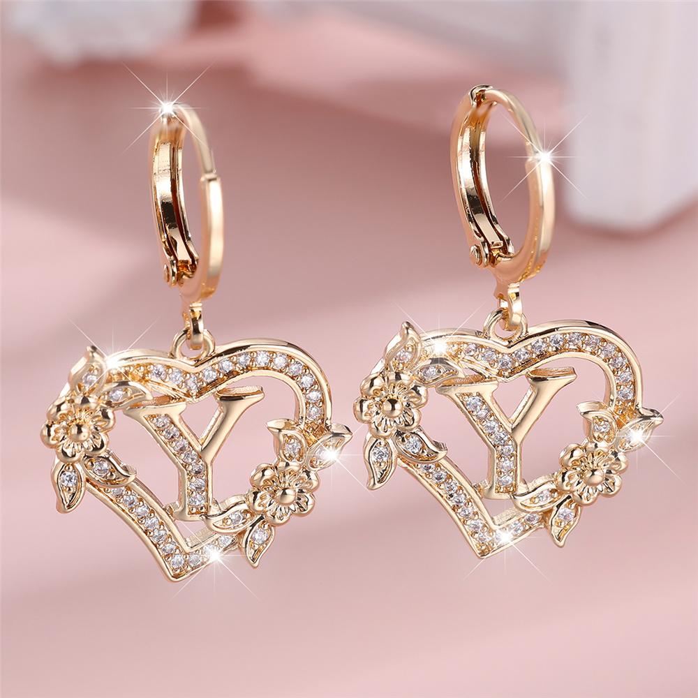 Vintage Hollow Love Heart Flower A-Z 26 Letters Hoop Earrings Yellow Gold Color White Zircon Earring Wedding Jewelry For Women