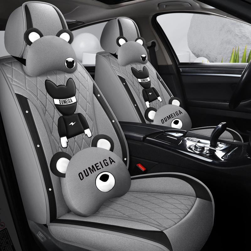 Star Chi Elantra Linen Cartoon Bear Car Seat Cushion - Four Seasons Suitable