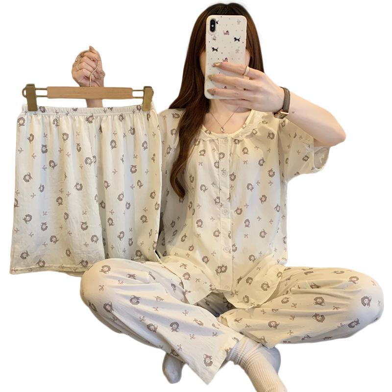 Crew Neck Lace Cloud Cotton Pajamas Women'S Summer Short Sleeves Sweet Cartoon Loungewear Three-Piece Set