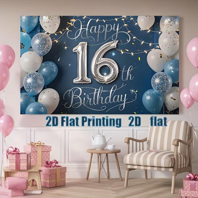 

2D Happy 16th Birthday Tapestry Blue Confetti Balloon Background Cloth 47.2x31.5inch/120*80cm