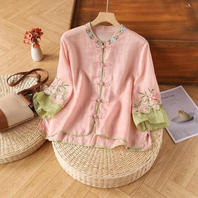 Women's Retro Embroidered Linen Shirt - Summer Seven-Sleeve Loose Fit