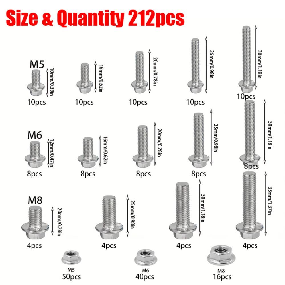 212-piece Stainless Steel Heavy-duty Hex Bolt and Nut Kit, M5/M6/M8, Suitable for Home Maintenance and Industrial Equipment.