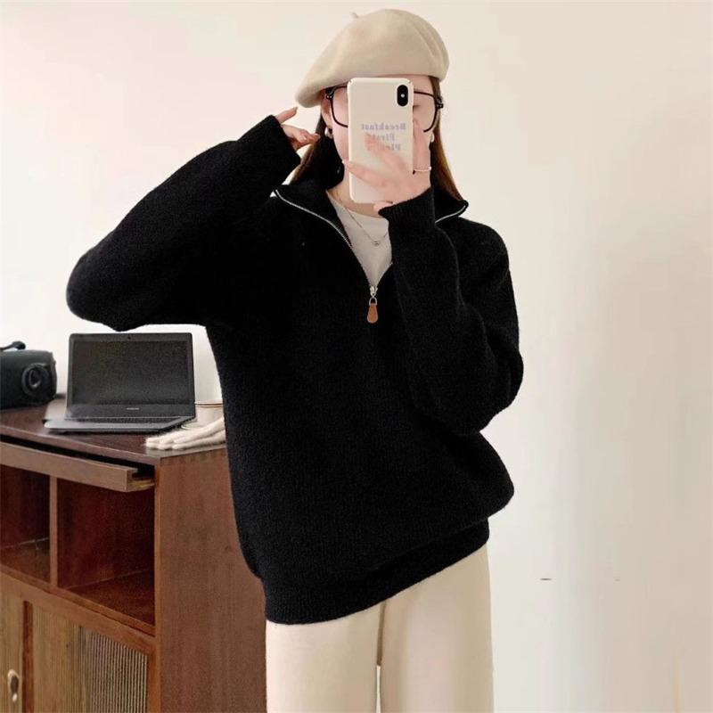 Half zipper pullover knitted sweater autumn and winter new age-reducing design sense loose and thin lapel lazy sweater women's top