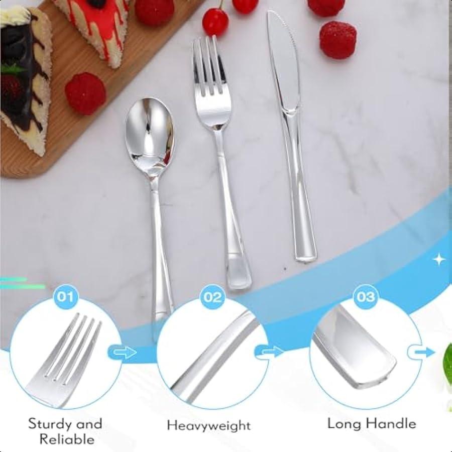 150 Pieces Disposable Cutlery Set Plastic Silverware Heavy Duty Utensil Sets 50 Forks 50 Knives 50 Spoons for Home Office Schoo
