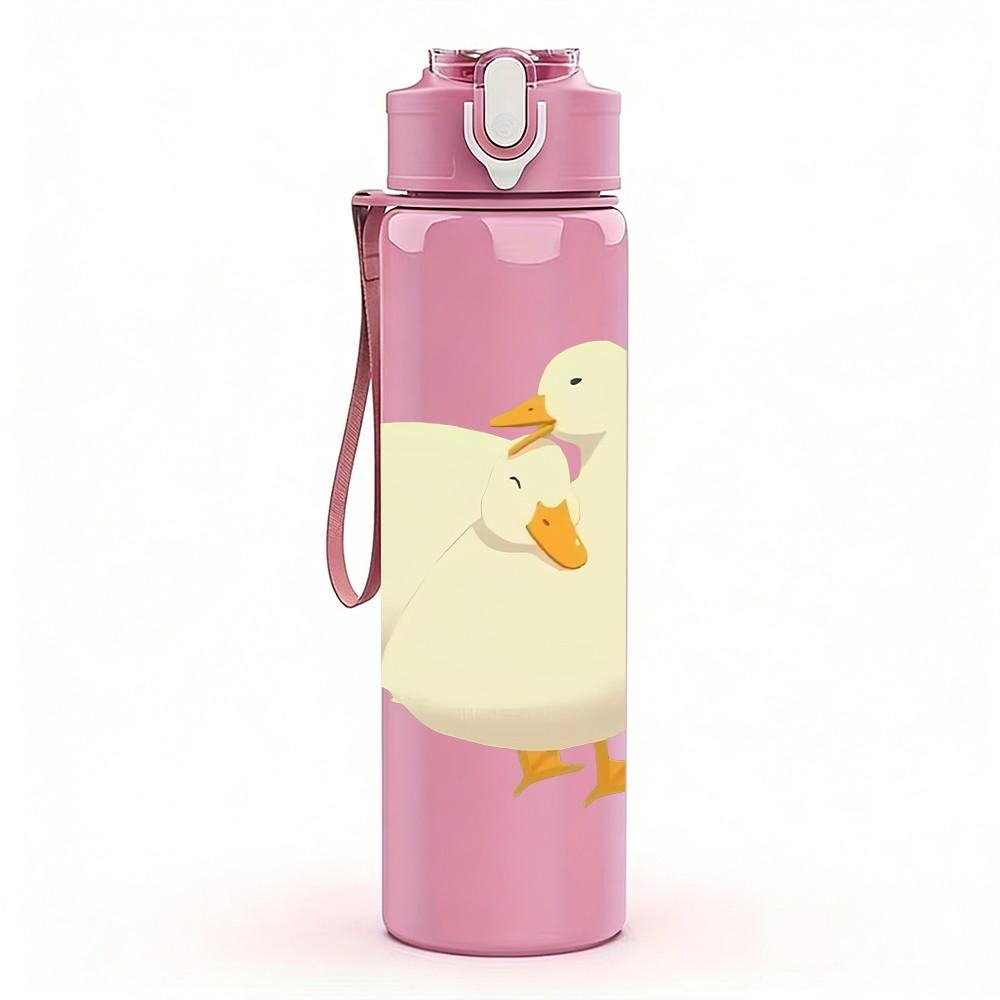 1PC White Duck Simple Cute Cartoon Print 750ml Color Plastic Sports Water Bottle Leakproof Flip Straw Lid Suitable for Sports Office Home Use
