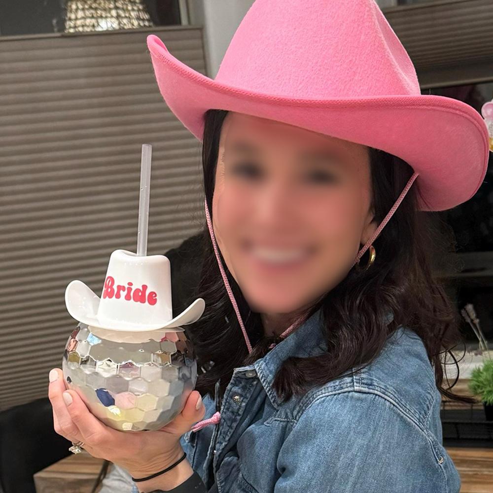 Mirror Disco Ball Cup White Pink Cowgirl Hat Cups with Straw 70s Disco Cowboy Bachelorette Party Favors Western Themed Supplies