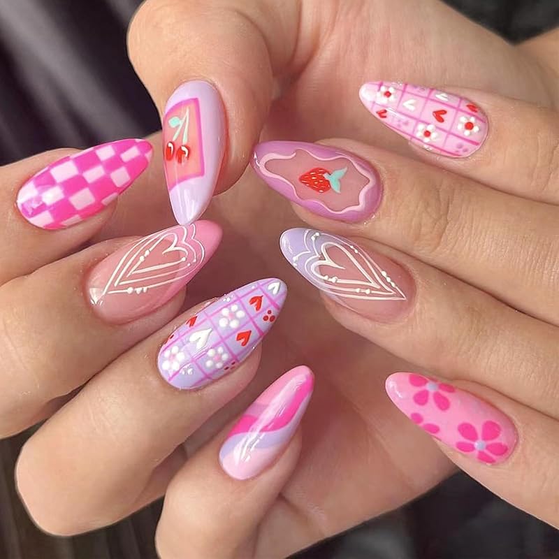Pink Press On Nails Medium Coffin Square - Cute Daisy Flower Glitter Powder Fashion Stick On - Bling French Tip Glue On White Line Acrylic Artificial flower-9