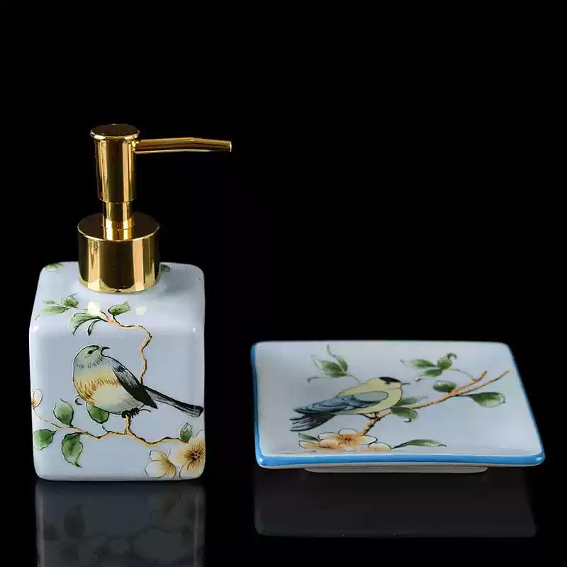 Ceramic Wash Two-piece Set Bathroom Wash Set Ceramic Hand Sanitizer Bottle Press Type Shampoo Bottle Soap Dish Toilet Soap Rack