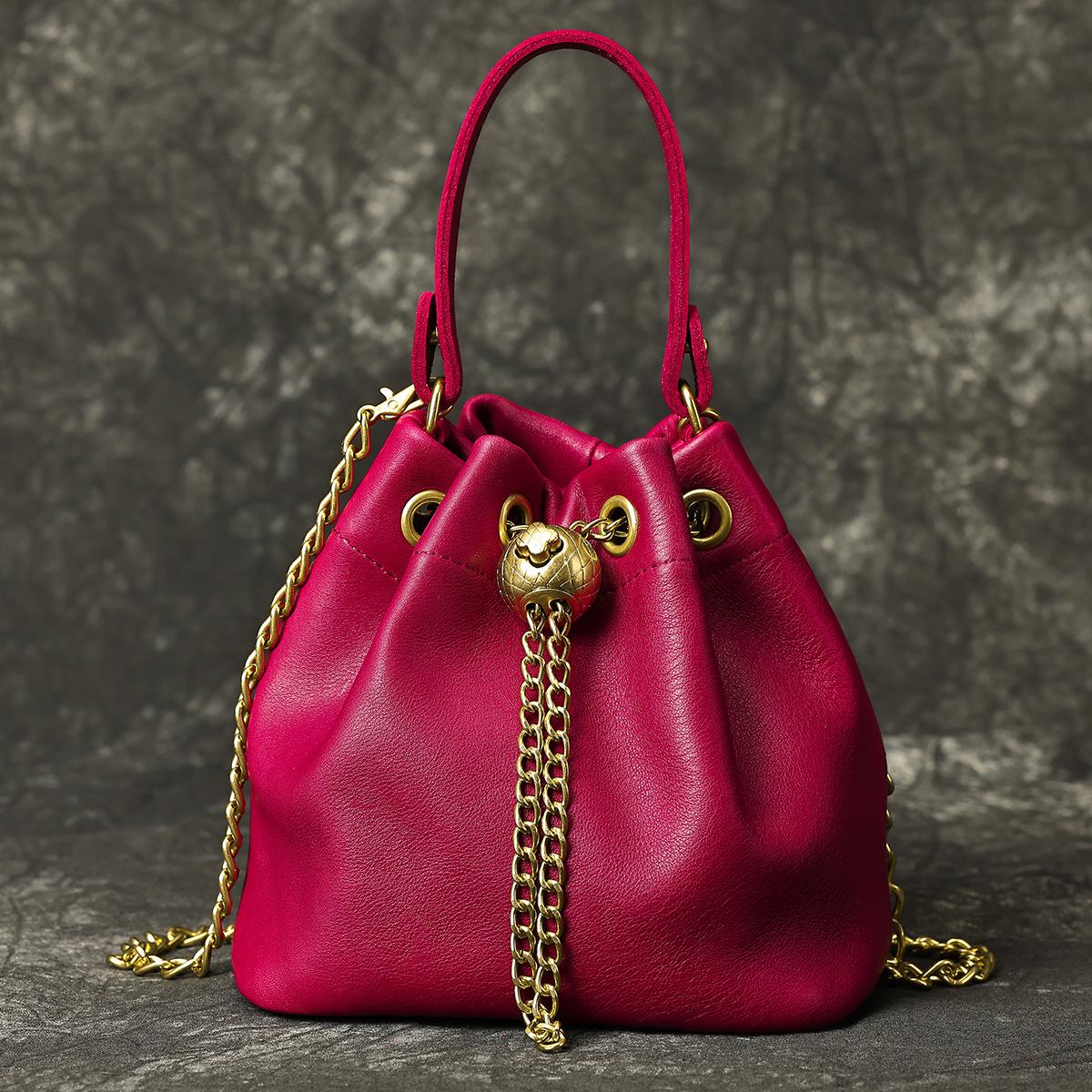 

Новая винтажная модная сумка-цепочка из натуральной кожи, многофункциональная мини-сумка-ведро для женщин, компактная стильная сумка через плечо красный