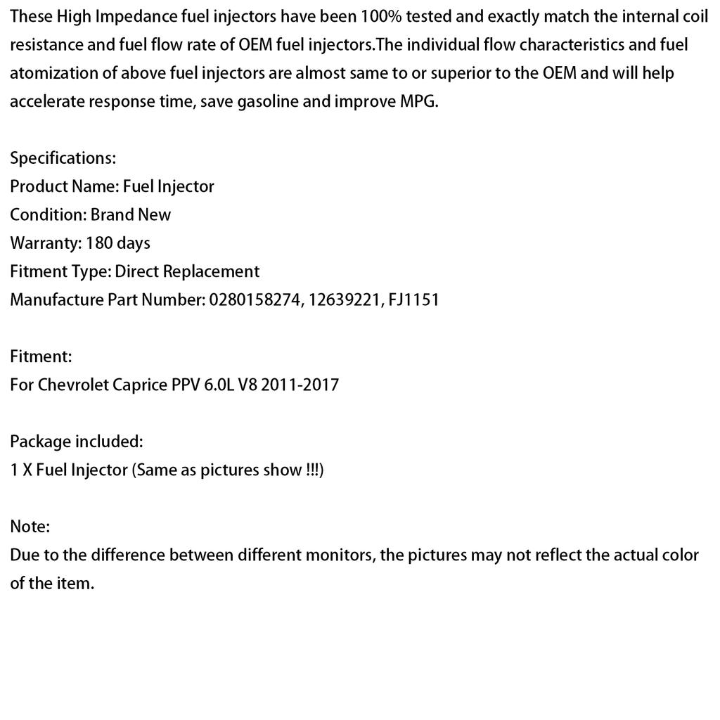 1 Stück Kraftstoffeinspritzventil 12639221 Passend für Chevrolet Caprice PPV 6.0L V8 2011-2017