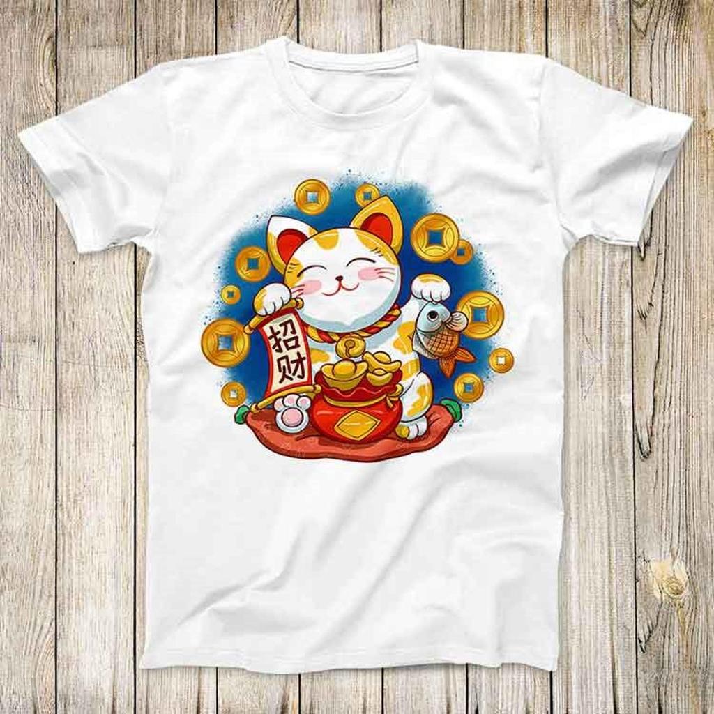 Maneki Neko Smiling Face Lucky Cat Funny Top Tee Best Seller Birthday Gift Men Women Unisex T-Shirt 3238