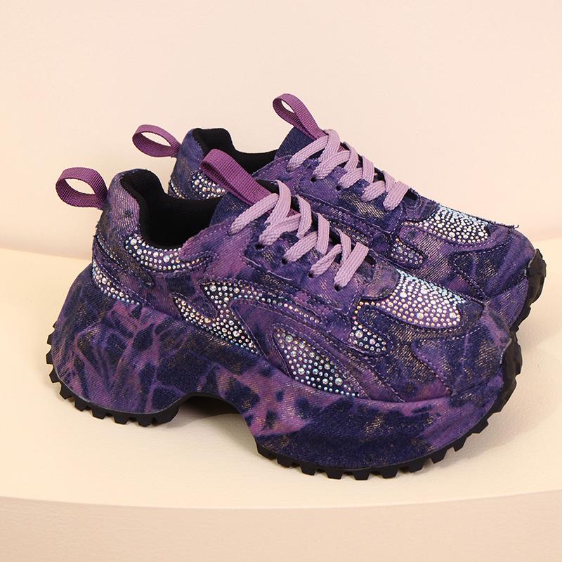 Fashion Fashion Rhinestone Chunky Sneakers Women Blue Denim Thick Sole Lace Up Sports Shoes Woman Plus Size Non Slip Platform Sneakers