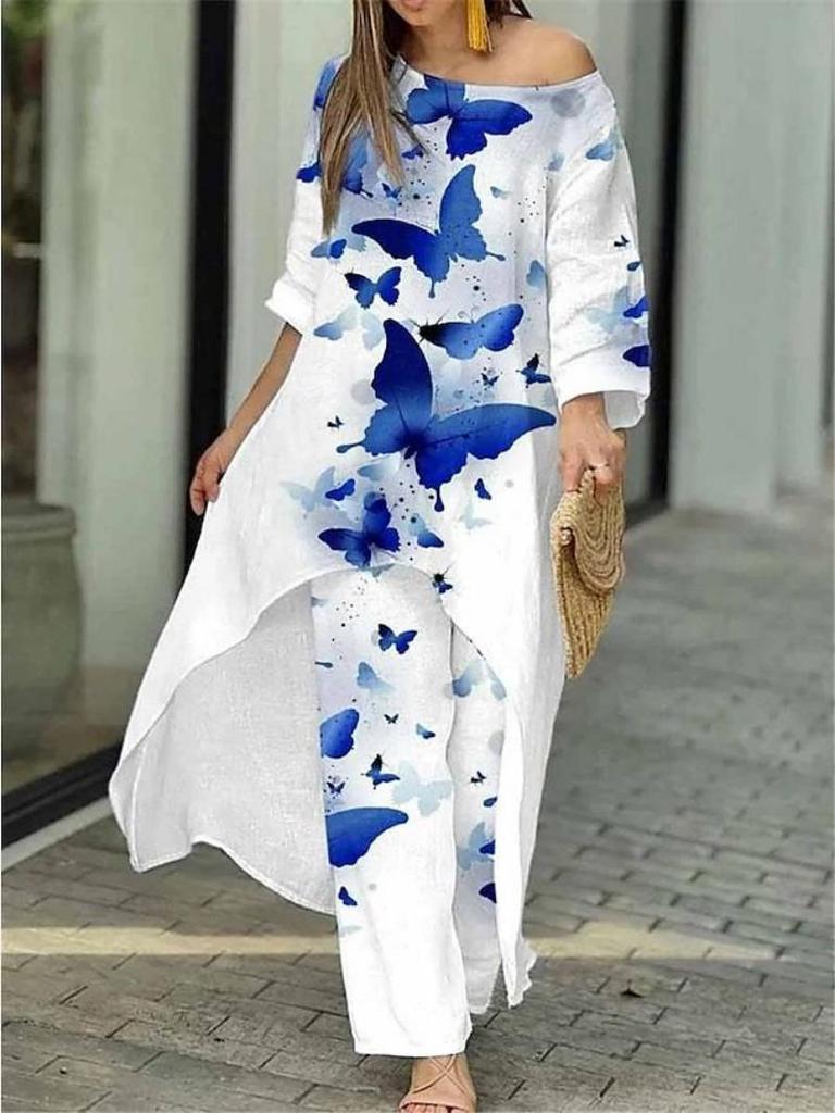 2025 Women's Casual Loose Print Nine-Sleeve Sun Protection Shirt & Wide-Leg Pants Set