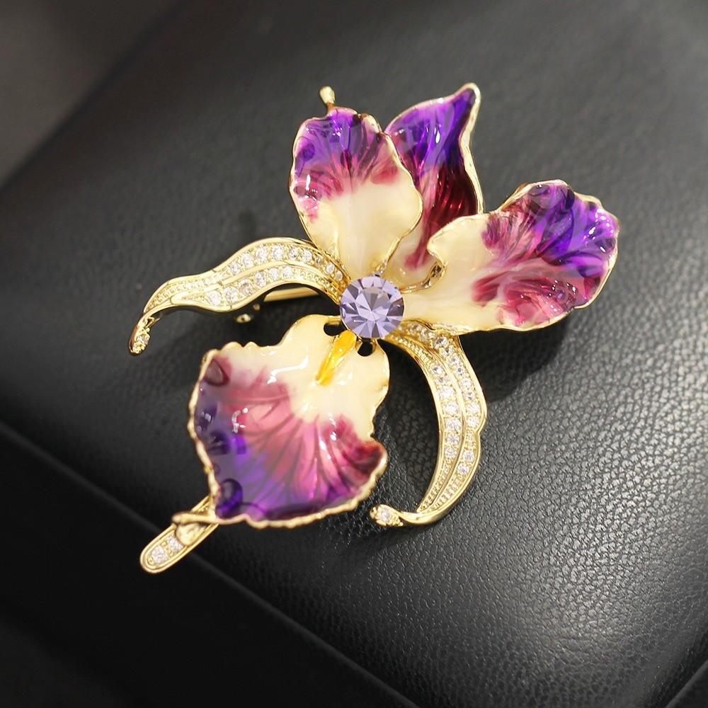 Jewelry Enamel Lapel Pin Rhinestone Plants Badge Luxury Iris Flower Brooch  Gift