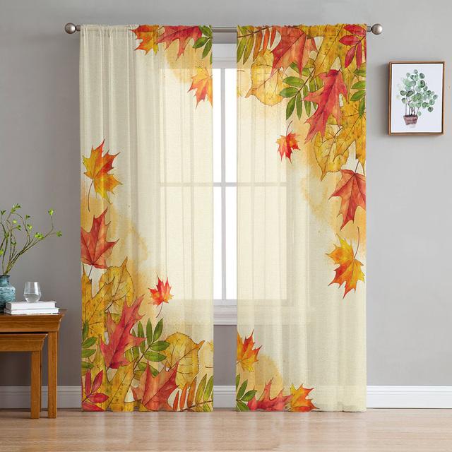 Herbst Ahornblatt Orange Gitter Tüll Vorhänge für Wohnzimmer Gardinen für Schlafzimmer Küche Fenster Vorhang