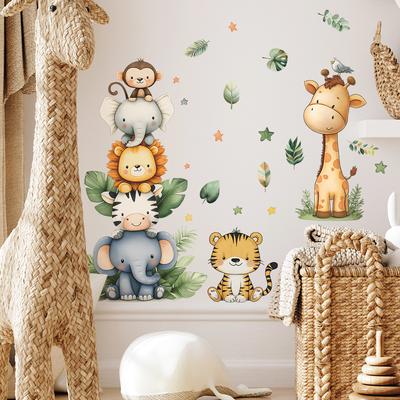 Nordic Cartoon Animals Wall Sticker for Kids Room Decoration Forest Giraffe Elephant Monkey Lion Wallpaper