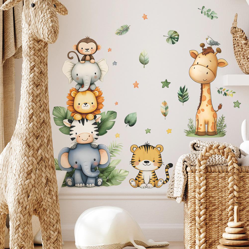 Nordische Cartoon-Tiere Wandaufkleber für Kinderzimmerdekoration Wald Giraffe Elefant Affe Löwe Tapete