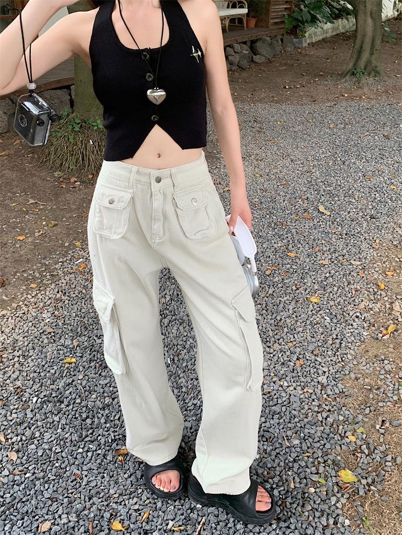 

Женские абрикосовые джинсы клеш с высокой талией, стройнящие, на весну/лето 2024 - Повседневные, в пол 2XL белый/песочный