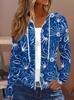 Bedrucktes Design Frühjahrs- und Herbstmodelle Weißes Blumenmuster auf blauem Hintergrund Lässiger Stil Damen-Freizeitjacke