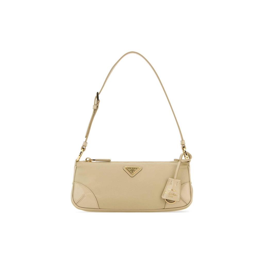 Prada Re-Nylon 2002 Enamel Metal Triangle Logo Zipper Closure Recycled Nylon And Glossy Leather Tote Shoulder Bag Women Bags Beige 1BC201_R789_F0F24