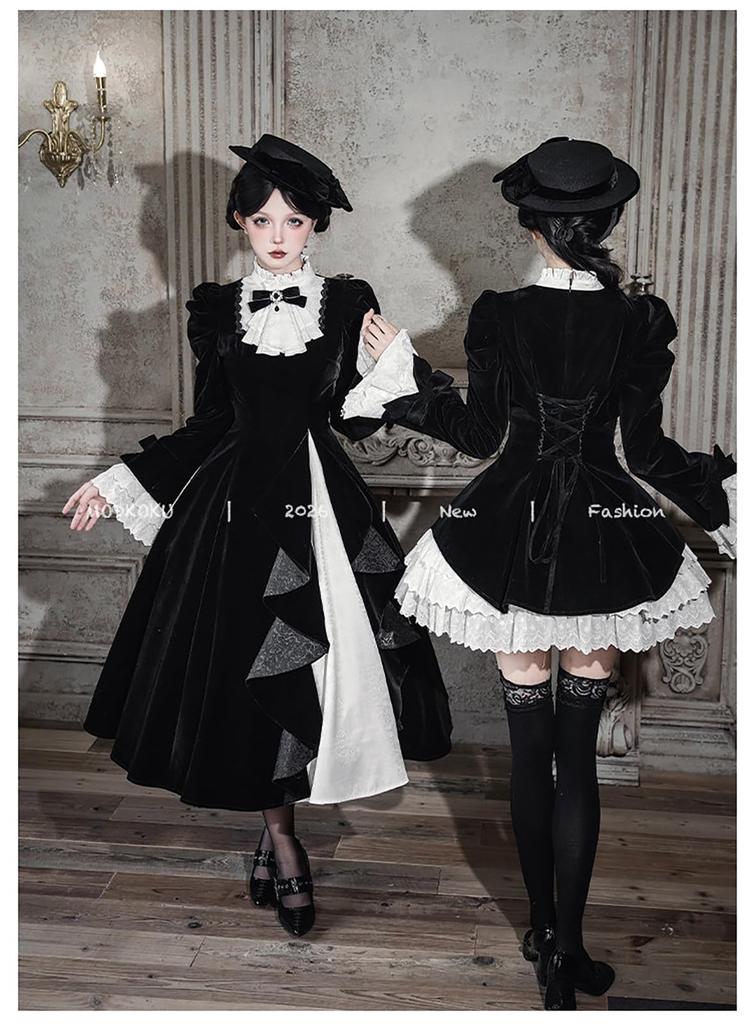 MODKOKU Gothic Lolita Neat and Jabot Ruffle Princess Long Size S Dress, Women's, 3-Layer Tiered, Clean, Ribbon, Lace, Lace-Up, Dress, Dreamy, Cute,