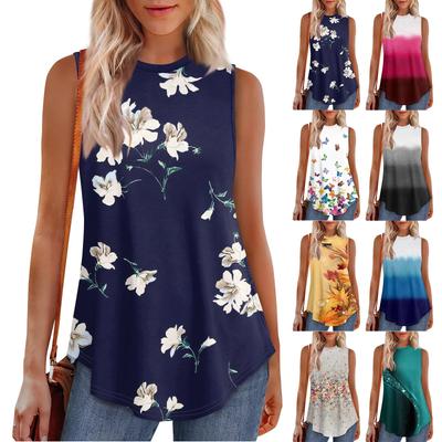 Damen-Weste mit Rundhalsausschnitt und Blumendruck, vielseitiges, lockeres Saum-T-Shirt, ärmellos