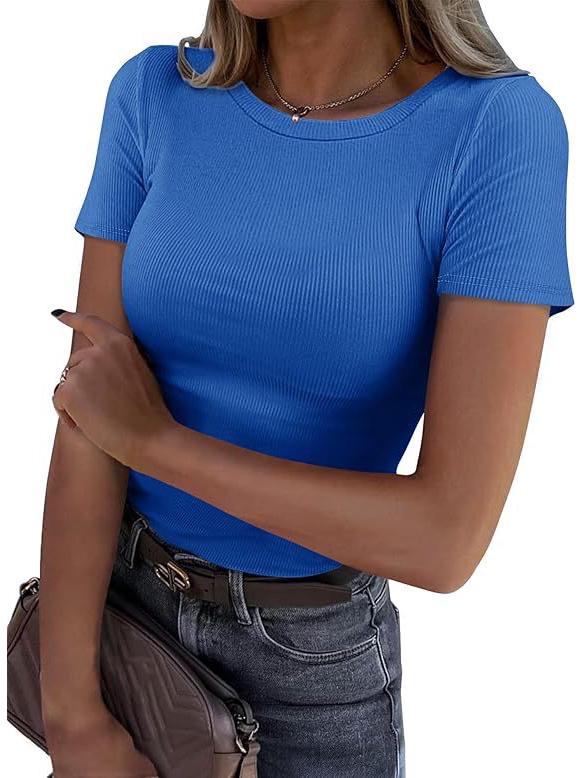 Women's Summer Ribbed Short Sleeve Stretchy Slim Fit Round Neck T-shirt